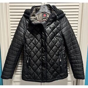 Gallery Puffer Jacket Zip/Snap Up Hood Size Large Zip Pockets Lined Black Toggle